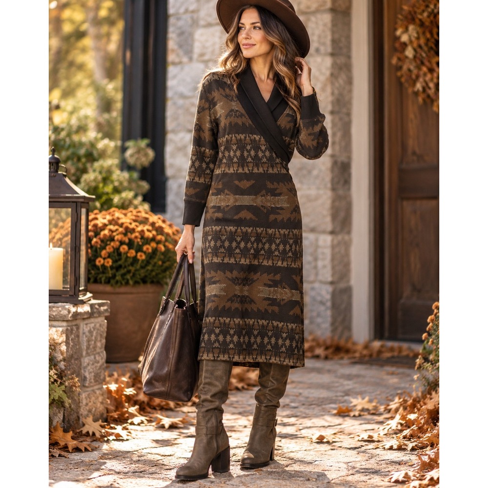 Lauren Ralph Lauren Southwestern Geometric Faux Wrap Midi Dress Brown Large